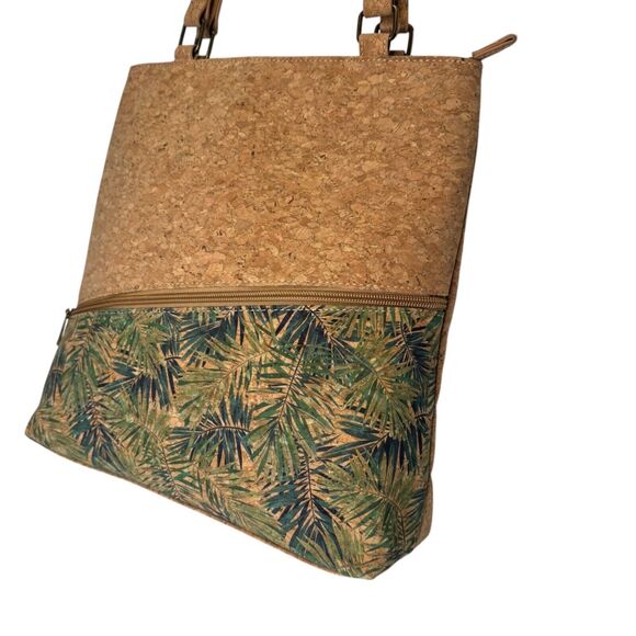 Natural Cork Shoulder Tote Bag With Tropical Leaf Print & Zipper Pockets - Picture 4 of 12